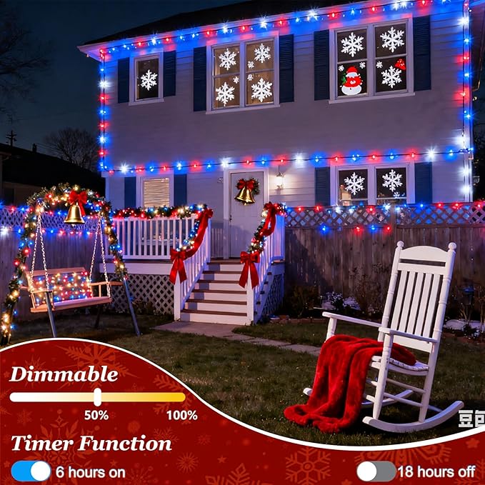 1500 LED 470FT Red White Blue 4th of July Patriotic Decorations String Lights with 12 Modes Timer &amp Dimmable Green Wire for Outdoor Indoor Christmas Holiday Soccer Party Independence Day Deco