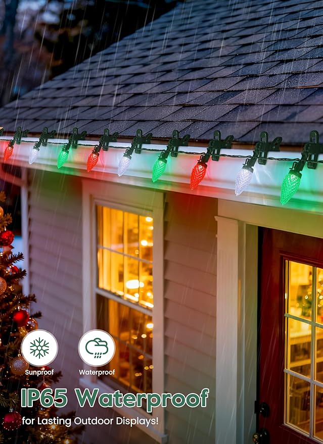 C9 LED Christmas Lights Outdoor 99 Feet 150 LED C9 String Light with 150 Spring Clips Waterproof Connectable Christmas Tree Lights for Outside Roofline Patio Home Xmas Decor Red Green Pure White