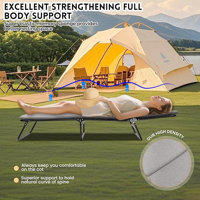 Folding Camping Cot for Adults 5-Angle Adjustable Camping Cot Heavy Duty Outdoor Bed with Carry Bag1200 D Layer Oxford Travel Camp Cots (Grey)