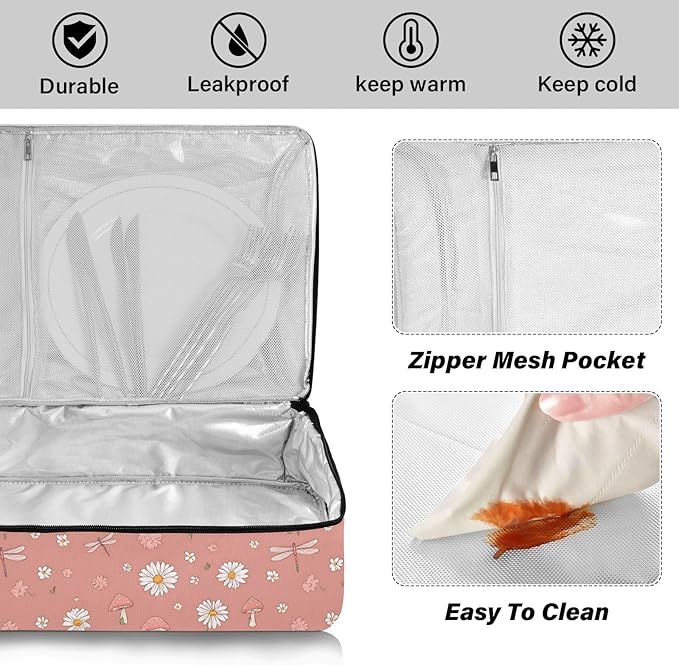 Casserole Carrier Daisies Mushrooms DragonfliesInsulated Casserole Carrier for Hot or Cold Food Thermal Lunch Tote for Potluck Parties Picnic Beach Fits 9 x 13 Inches Baking Dish