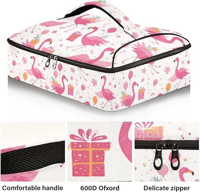 Casserole Carrier Playful Pink BirdInsulated Casserole Carrier for Hot or Cold Food Thermal Lunch Tote for Potluck Parties Picnic Beach Fits 9 x 13 Inches Baking Dish