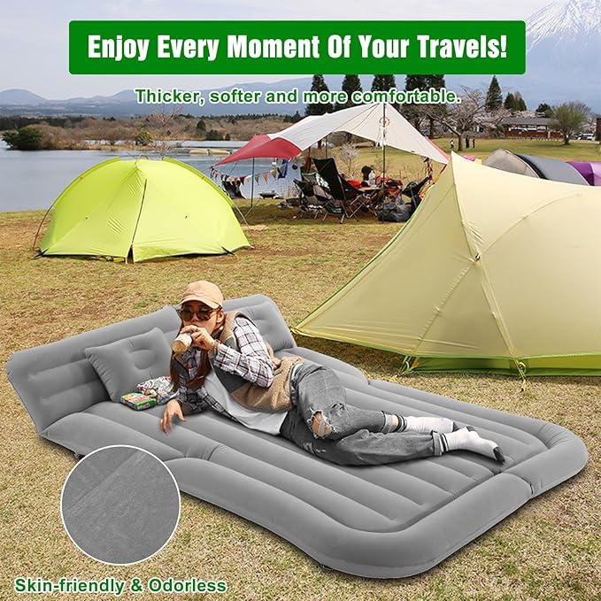 Suv Air Mattress Car Mattress Truck Bed Mattress Car Camping Mattress with 6 Separate Chambers Inflatable Car Bed with 2 Pillows &amp Electric Pump Thickened and Double-Sided Flocking (Grey)