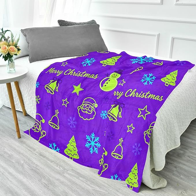Christmas Snowman and Santa Green and Purple Lightweight Fuzzy Comfy Throw Blanket for Bed Throw Blankey for Couch Sofa BedParty 50 x 70