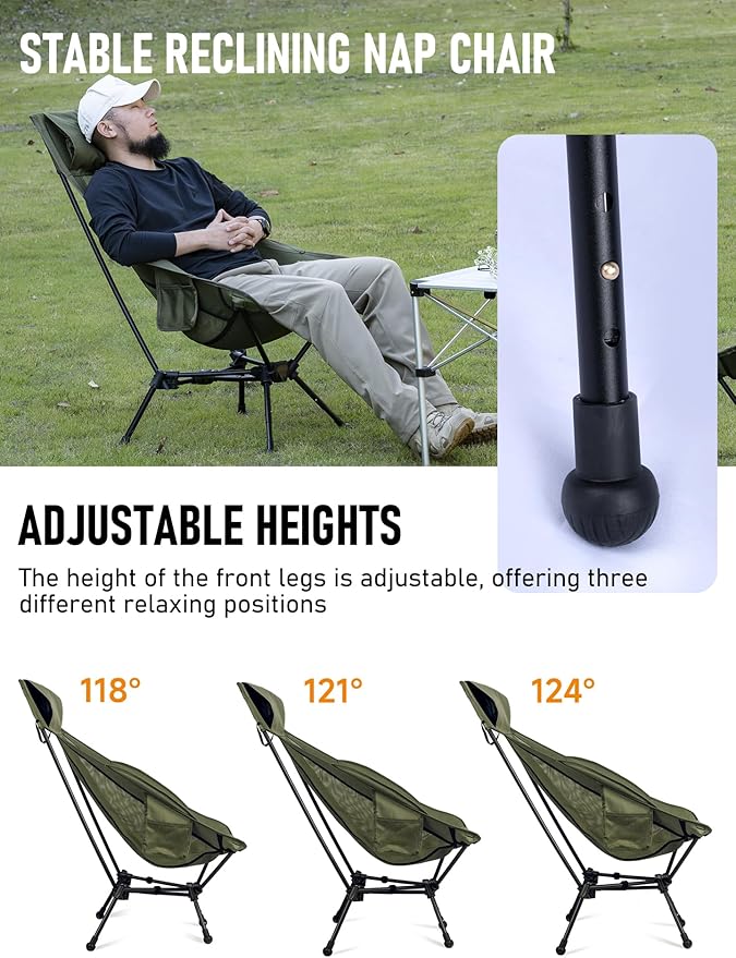 WildCall Lightweight Folding High Back Camping Chair with Head Support Compact Beach Chair with Anti-Sinking Large Feet and Three Tilt Angles Adjustment