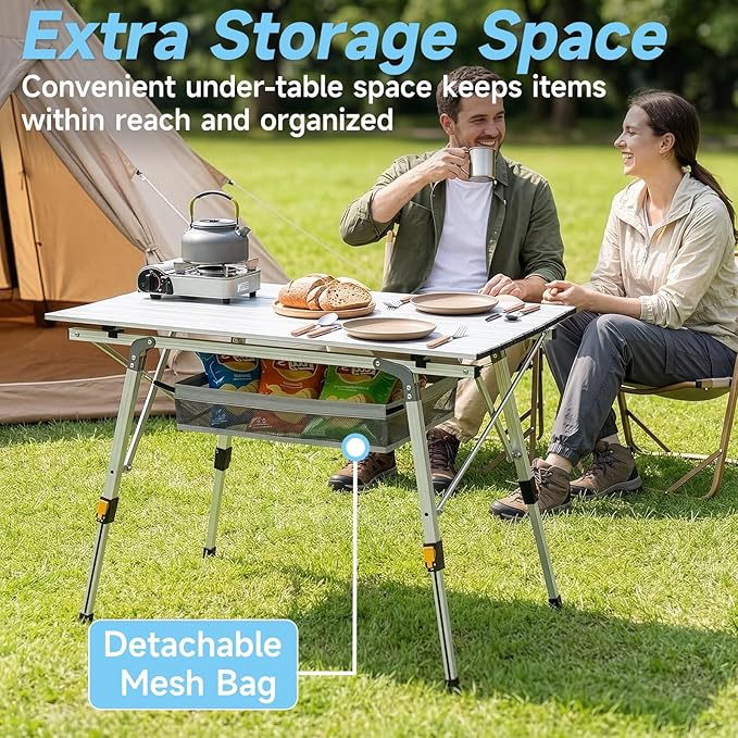 Camping Table Portable Foldable with Adjustable Legs Aluminum Roll Up Table with Large Mesh Storage Layer &amp Carrying Bag Lightweight Outdoor Picnic Table for Camping Beach BBQ Backyard