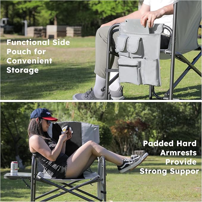 Oversized Directors Camping Chair Support 600 LBS Heavy Duty Folding Outdoor Chairs with Detachable Side Pocket and Adjustable Side Table for Outside BeachLawnFishing (Black)