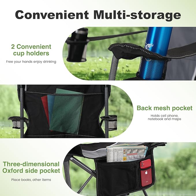 LET'S CAMP Oversized Outdoor Folding Camping Chair 2 Pack Heavy Duty Arm Chairs with Cup Holder and Storage Bag 350 LBS Weight Capacity Grey