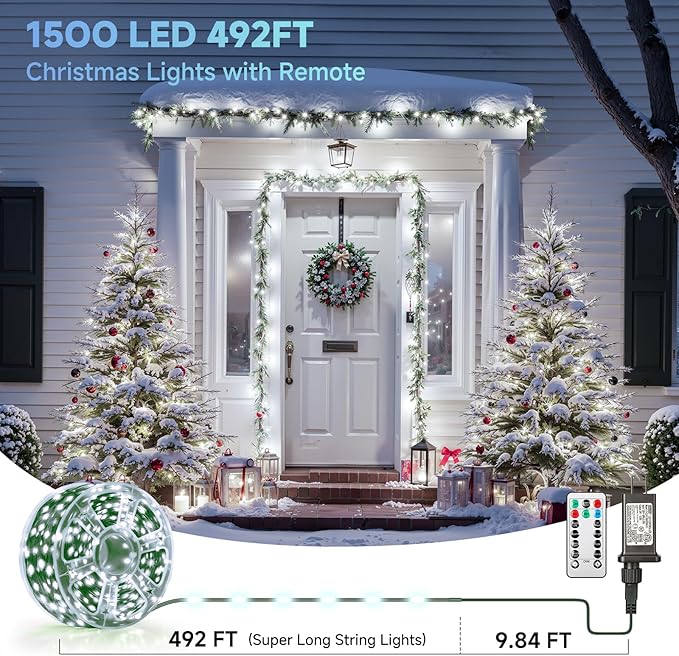Mlambert 1500 LED Christmas Lights 492FT Outdoor Waterproof Dimmable Fairy Lights with Remote 8 Modes Indoor Lighting for Holiday Décor Cool White