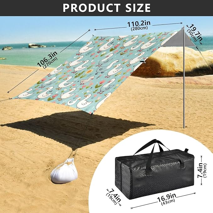 Camping Sun Shelters Hand Drawn Spring Pattern with Cute Cartoon Goose Beach Canopy 126 * 110.2in