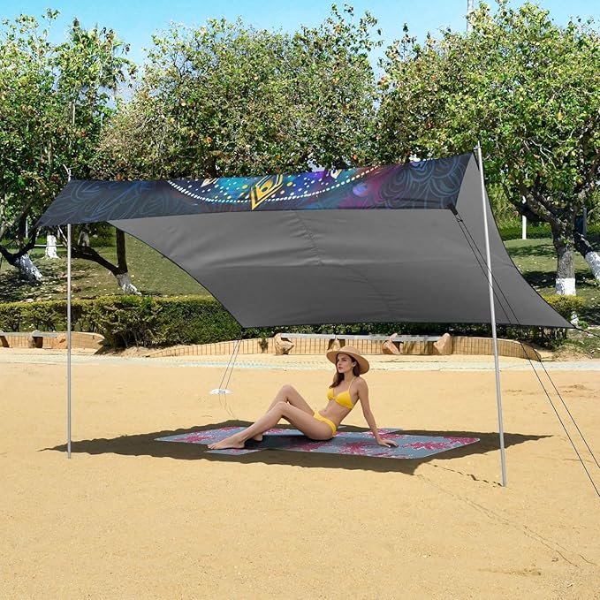 ALAZA Colorful Mandala Tye Die Beach Tent Sun Shelter UPF50+ Protection Beach Shade Canopy w/ 4 Sandbags for Outdoor Camping Fishing Backyard Fun Picnic 10x9 ft