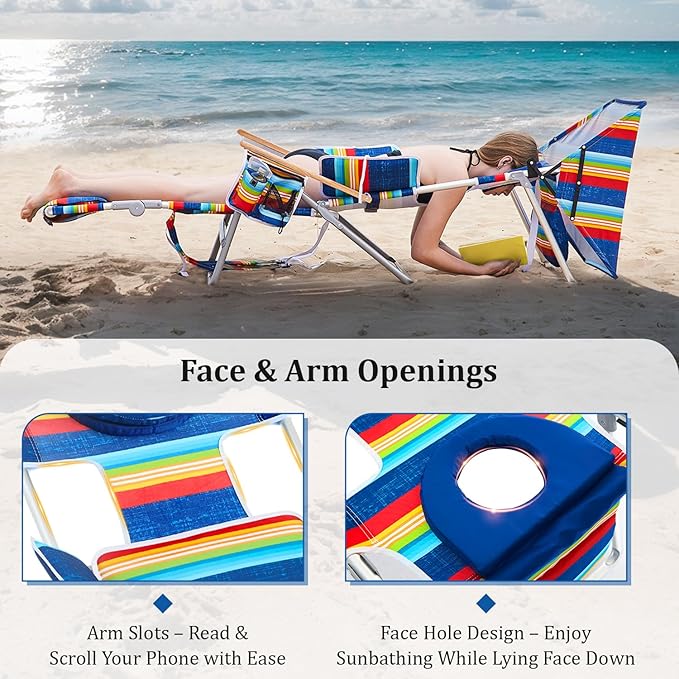 70'' Extra Long Beach Lounge Chair Tanning Chair with Canopy &amp Face Holes &amp Arm Holes &amp Storage Pocket Adjustable Foldable Recliner with Carry Strap (2 Rainbow)
