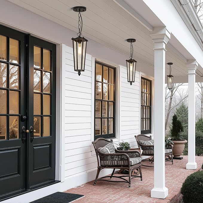 Outdoor Pendant Lights for Porch 16 Black Outdoor Pendant Light with Clear Glass Modern Hanging Porch Lighting Fixtures with Adjustable Chain for Gazebo Foyer OS-OD2615-1HM
