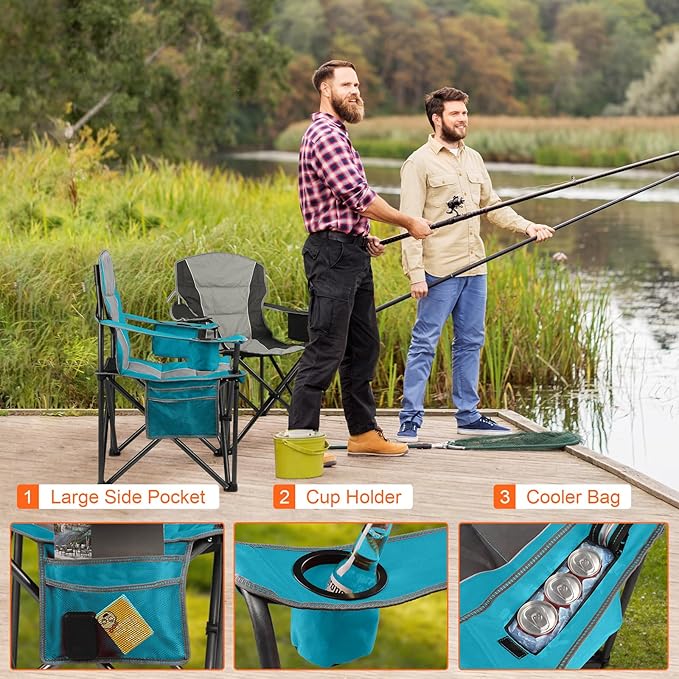 Oversized Padded Camping Chairs for AdultsHeavy Duty Support 400 LbsFolding Portable Lawn Chair w/Cup HolderCooler BagSide PocketPerfect for Outdoor PicnicHiking(Blue)