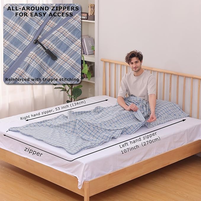 100% Cotton Sleeping Bag Liner with Full Length Zipper on 3 Sides Single/Double Adult Sleep Sack for Travel &amp Camping Multifunctional Travel Sheets (Unzipped 87”x87”) for Hotel Lightweight