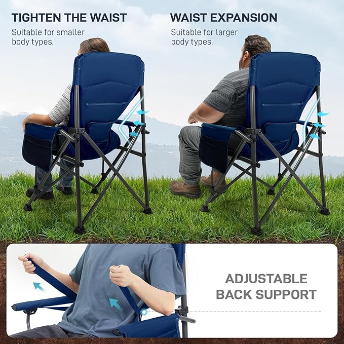 EVER ADVANCED Oversized Folding Camping Chair for Adults with Adjustable Lumbar Support Heavy Duty Chair with Side Pockets Portable Collapsible Quad Chair for Outside