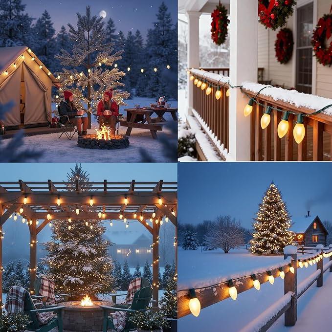 25 FT C9 Frosted Christmas LightsWarm White Outdoor Light with 26 Bulbs(1 Spare) C9/ E17 BaseOld Fashioned Christmas Lights for Roofline Yard Garden Wedding Decorations