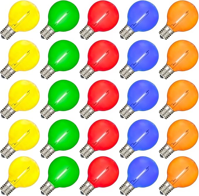 Novelty Lights 25 Pack Multicolor G40 LED Filament String Light Bulbs E12/C7 Candelabra Base 5 Watt Equivalent Shatterproof Replacement Bulbs for Patios Canopy Lighting