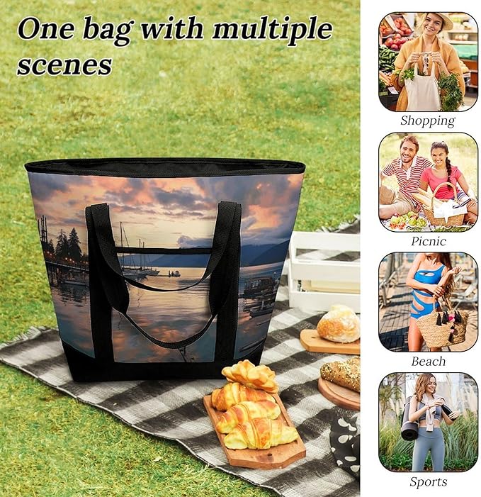 Insulated Shopping BagLarge Reusable Cooler Bags Evening in Vancouver Printed Foldable Shopping BagTravel Waterproof Shoulder Bag