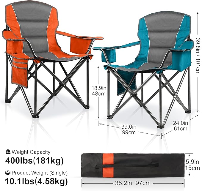 2 Pack Padded Oversized Camping Chairs for AdultsHeavy Duty Support 400 LbsFolding Portable Lawn Chair w/Cup HolderCooler BagSide PocketPerfect for Outdoor PicnicHiking(Orange&ampBlue)