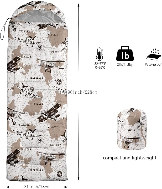Kids Sleeping Bag for BoysRetro Airplane Map Print-Lightweight Warm Portable Outdoor Indoor-Waterproof Cold Weather Resistant Sleeping Bag for Camping Hiking(Airplane Map)