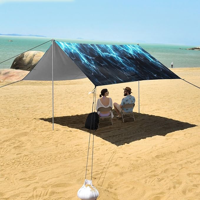 Spark Texture Blue Beach Tent Sun Shelter 9.2' x 10.5' Beach Canopy with 4 Sandbags 4 Stability Poles Sand Shovels - Tent Canopy for Beach Camping Fishing Picnics