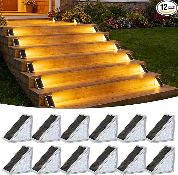 VOLISUN Solar Step Lights Outdoor Waterproof LED Outdoor Stair Lights Solar Step Light for Outside Warm&ampCool White Deck Light Decor for StairFront Porch and Patio(Gray12 Pack)