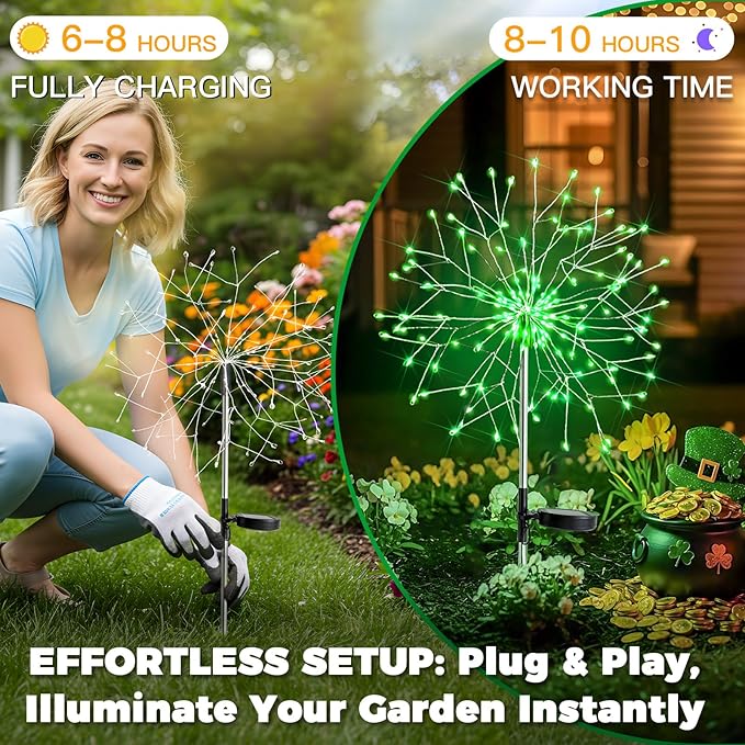 suddus St. Patrick's Day Decorations Solar Firework Lights - 150 LED Green Outdoor Garden Lights 8 Modes DIY Sparkler Lights Waterproof Solar Stake Lights for Yard Pathway Flowerbed Decor (2 Pack)