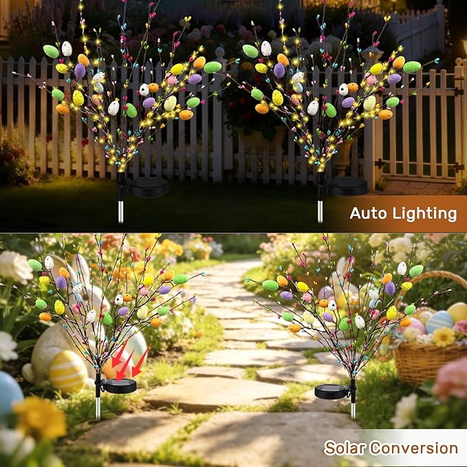 2 Pack Solar Easter Egg Lights Outdoor 96 LED Waterproof Solar Easter Yard Decorations Outdoor Easters Yard Stakes Lights with 2 Lighting Modes for Outside Lawn Walkway Patio Cemetery Grave