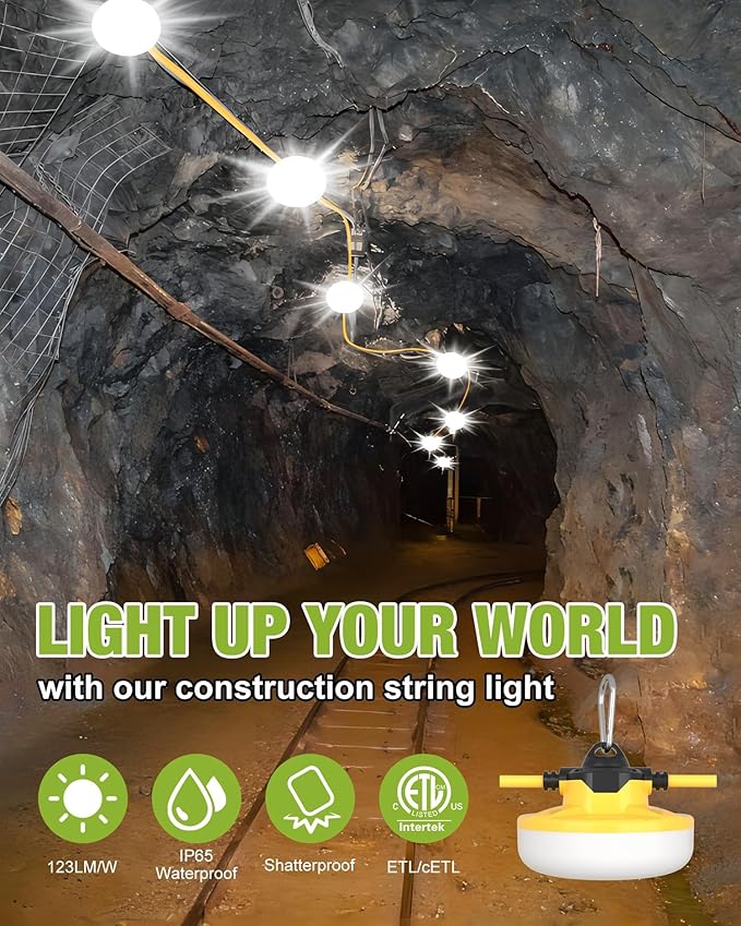 100FT Construction String Lights 3Prong Temp Lighting130W 16000LM Industrial String Work Lights IP65 Waterproof 18AWG Wire 5000K Super Bright for Jobsites Temporary Outdoor &amp Crawl Space Lightin