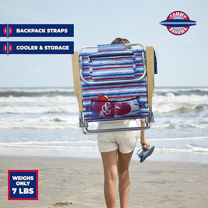 Tommy Bahama 5-Position Classic Lay Flat Folding Backpack Beach Chair Aluminum Red White and Blue Stripe