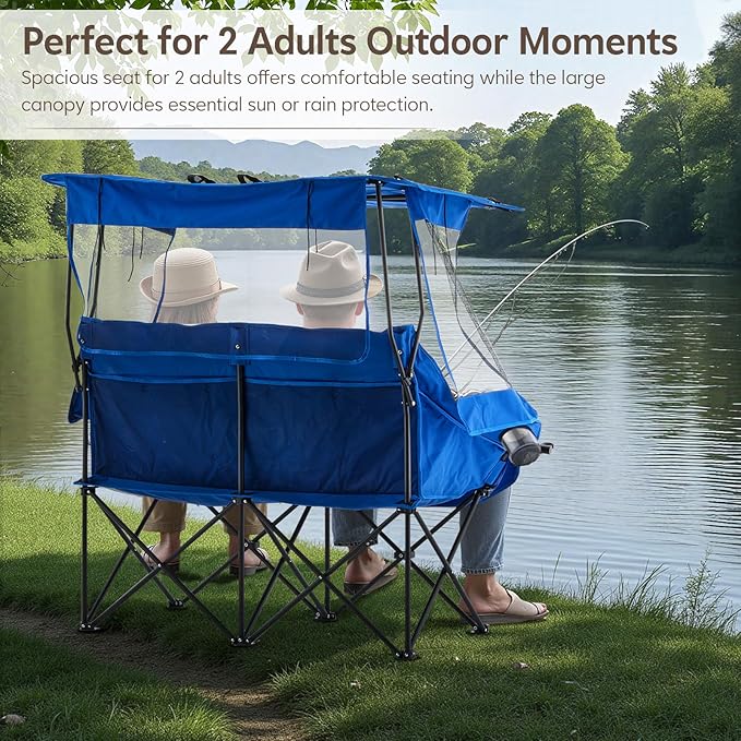TUKAILAi Double Camping Chair with Canopy Shade Oversized Folding 2 Person Loveseat with Cup Holders and Side Pockets Portable Outdoor Couch for Beach Lawn Picnic Fishing (Blue + Grey)
