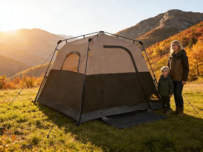 3/4 Person Camping Tent with 1 Door 4 Windows and Upgraded Ventilation– Instant Setup Waterproof 8'x 8'x 67''Oxford Fabric Floor Pop Up in 60 Seconds Includes Rainfly and Backpack