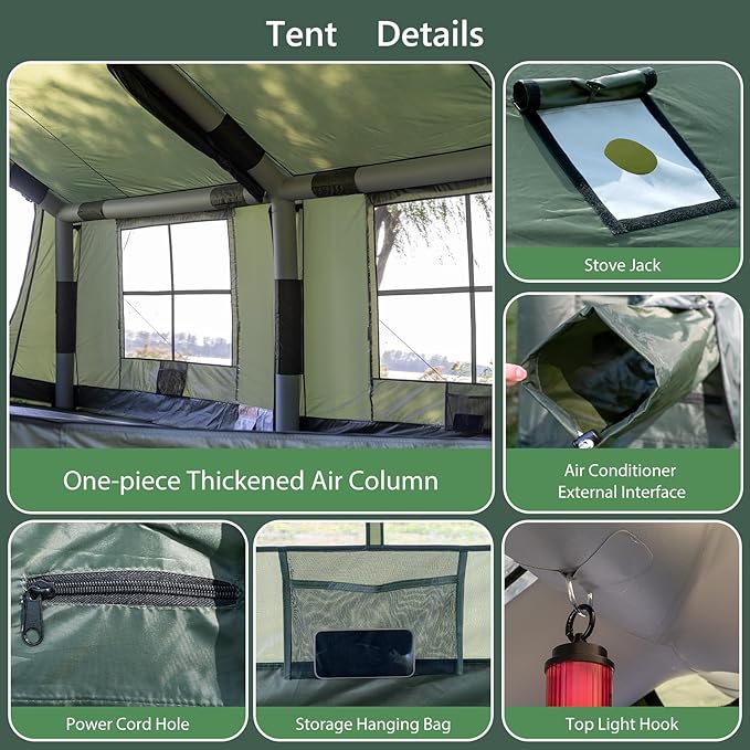 Inflatable Camping Tent with Hand Pump Waterproof Outdoor Blow up Tent 2-8 Person Oxford 4 Season Glamping Air Tent Cabin House with Mesh Windows &amp Door