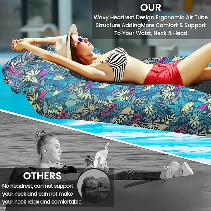 ele ELEOPTION Outdoor Inflatable Camping Couch Waterproof Portable Blow Up Air Sofa Chair Lounger for Backyard Beach Traveling Camping with Compression Sacks (Blue Leaf Print)