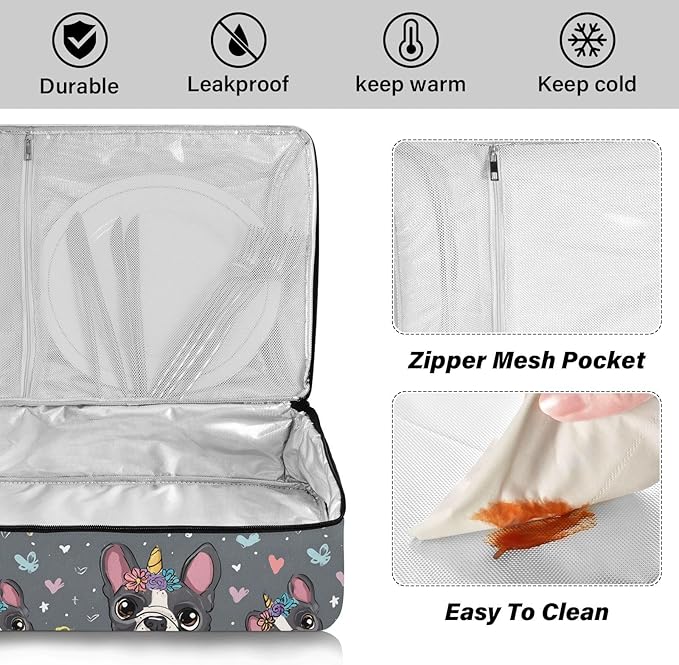 Casserole Carrier Cute Cartoon BulldogInsulated Casserole Carrier for Hot or Cold Food Thermal Lunch Tote for Potluck Parties Picnic Beach Fits 9 x 13 Inches Baking Dish