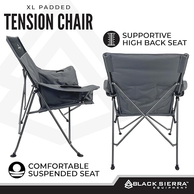 Black Sierra Camping Chair – XL Outdoor Foldable Seat Padded Tension Heavy-Duty Steel Frame Supports 300 lbs – Portable Lightweight for Camping Sports Patio Events