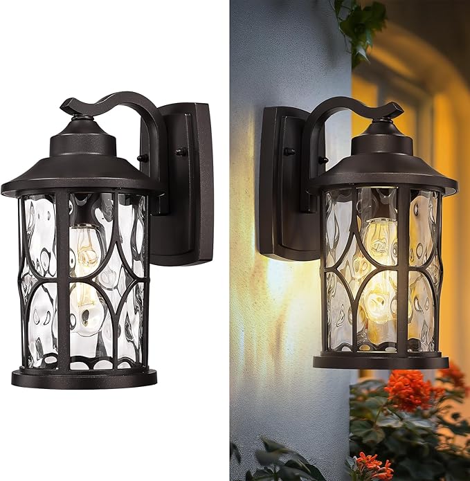 zeyu 12 Inch Outdoor Wall Lights 2 Pack Exterior Front Porch Light Die-Cast Aluminum Oil Rubbed Bronze Finish with Water Ripple Glass Glass ZX48BWG-2PK ORB