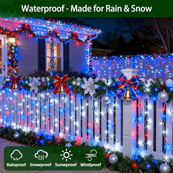 750 LED 240FT Christmas Lights Outdoor12 Lighting Modes Christmas String Lights with Timer Dimmable Plug in Red White and Blue LED StringLights Waterproof for Yard Tree Wedding Party Holiday