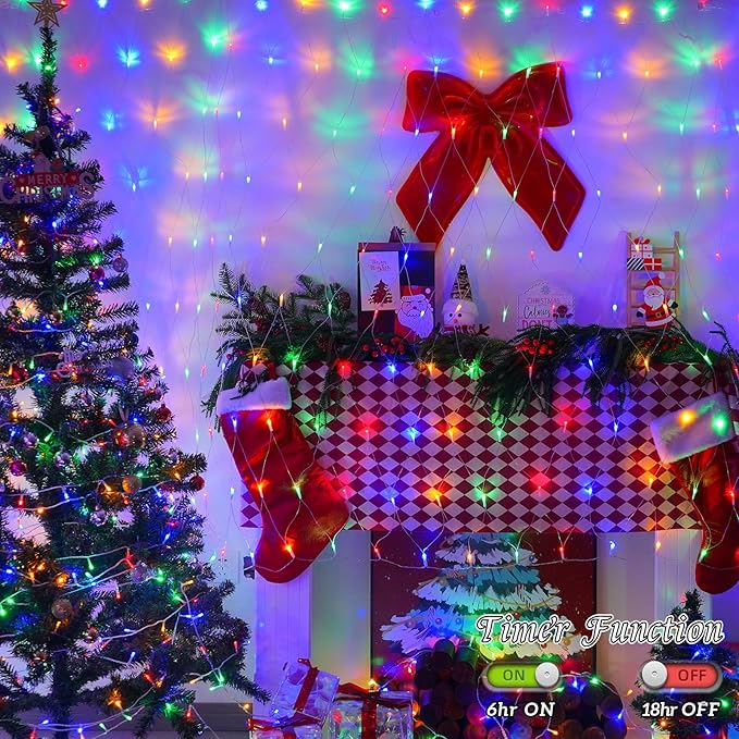 QITONG Net Lights Outdoor Mesh Lights 12ft x 5ft 360 LED Multicolor Christmas Light with 8 Modes Connectable Clear Wire Bush Light Plug in