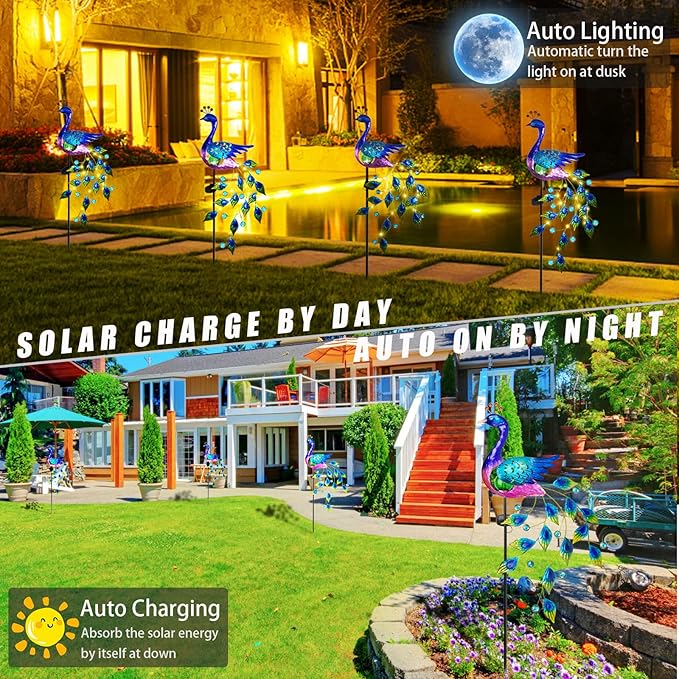 DREAMSOUL Peacock Solar Garden Lights Outdoor Decorative Stake Waterproof Metal Peacock Garden Decor Solar Powered Landscape LED Path Lights Walkway Patio Decoration Lawn Ornament