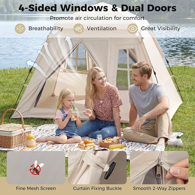 Tangkula 4 Person Camping Tent Instant Pop-Up Cabin Tent with Removable Rainfly Mesh Windows &amp Dual Doors Carrying Bag Portable Outdoor Family Shelter for Picnic Backpacking Traveling