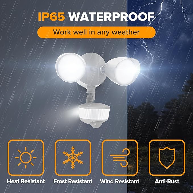 LUTEC 34W 3700 Lumen LED Security Light Motion Sensor Outdoor Lights with Night Light 5000K Daylight IP65 Waterproof Dusk to Dawn Hardwired Motion Detector Flood Light for Garage Yard-White