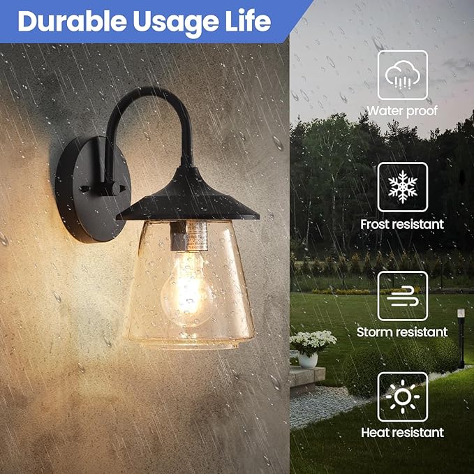 Outdoor Wall Sconce Exterior Waterproof Wall Light Fixture Outside Porch Light with Bubble Glass Shade Matte Black Outdoor Wall Lantern for Patio Garage entryway 2-Pack