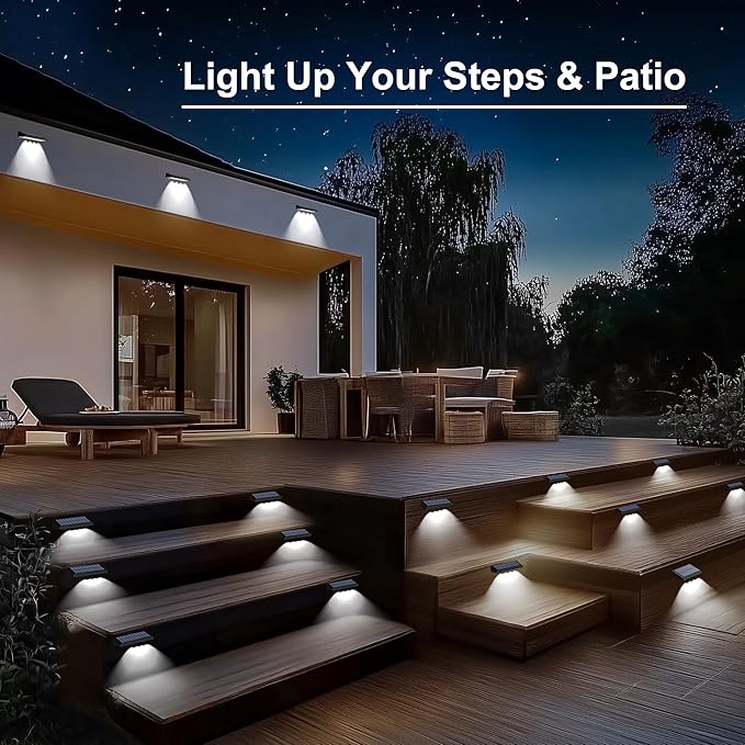 Solar Fence Lights Outdoor Waterproof IP65 8 Pack Fence Lights Solar Powered 60 Lumens Auto On/Off Step Wall Lights Outside Decorations for Yard Porch Patio Stairs Pool Deck Garden-White Light