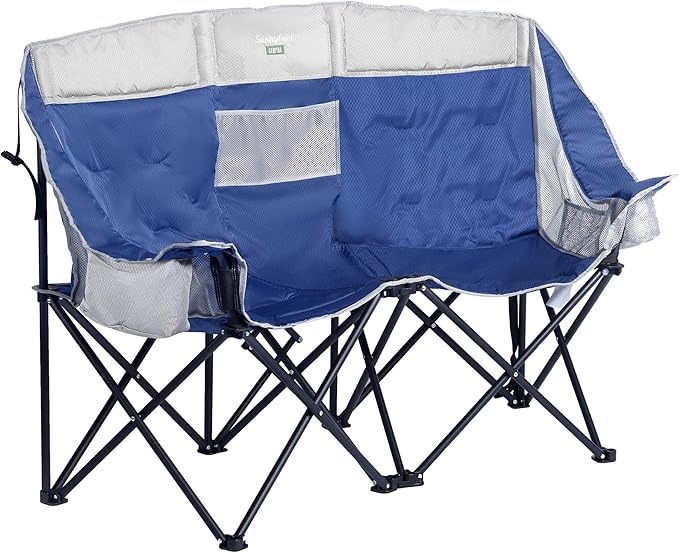 SunnyFeel Double Camping Loveseat Chair Blue-Cooler Foldable Portable Space Saving Side Pocket Cup Holders