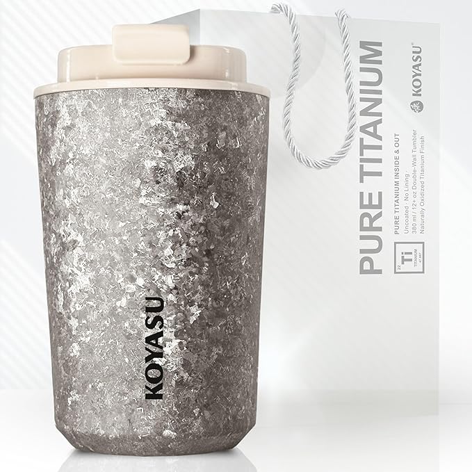 KOYASU Ti-Zen Titanium Travel Coffee Mug - 12oz Ultralight Insulated Tumbler - Premium EDC Gear &amp Tactical Accessories - Heavy Duty Cup - Crystallized Texture Thermal Flask - Nimbus Gray