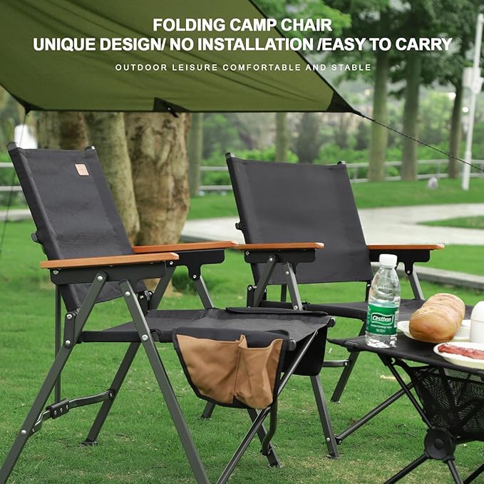 Folding Camping Chair Lightweight Portable Chair Wood Armrest with Side Pockets Cup Holder for Camping Picnic Concert Beach Fishing Outdoor