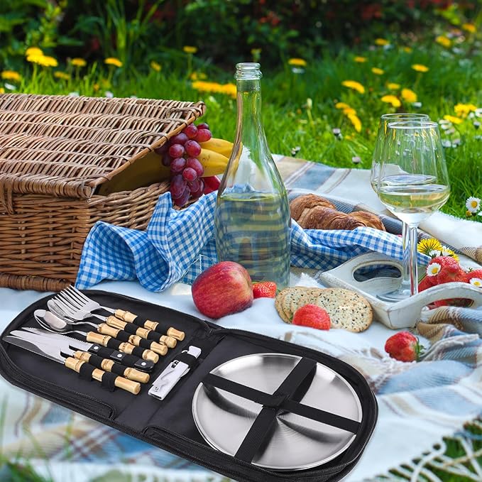 Outdoor Camping Silverware 10Pcs Set Stainless Steel Outdoor Camping Mess Kits Includes Forks Spoons Knives Fork Spoon Dish and Cap Opener Plates - Portable Cutlery Bag