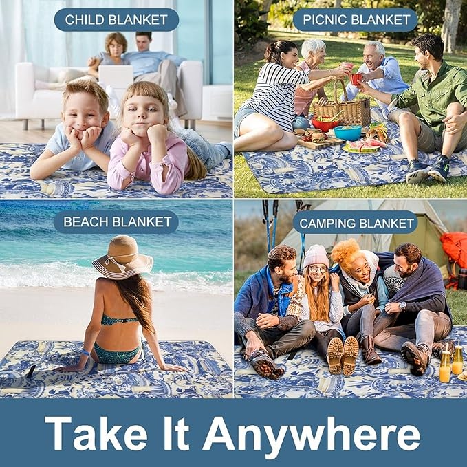 Blue and White Folk Chinese Chinoiserie Style Waterproof Outdoor Picnic Blanket Sandproof Beach Mat for Camping Hiking Grass Travelling