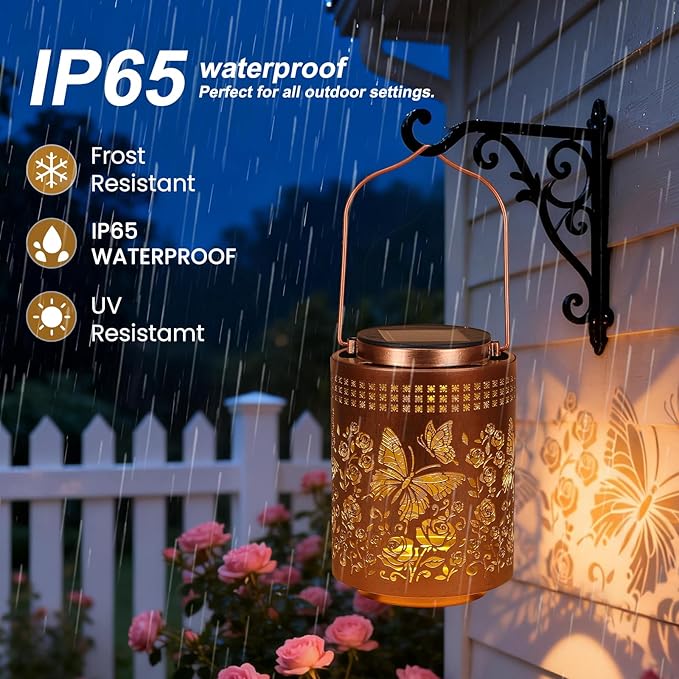 Solar Lanterns Outdoor Waterproof Box Packaging Butterfly Garden Decor Gifts for Women Mom Grandma Hanging Solar Lights Metal Garden Decoration Outside for Yard Patio Backyard Porch for Gift